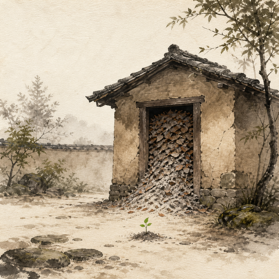 an earthen storage hut with its doorway packed with ash and a green seedling outside