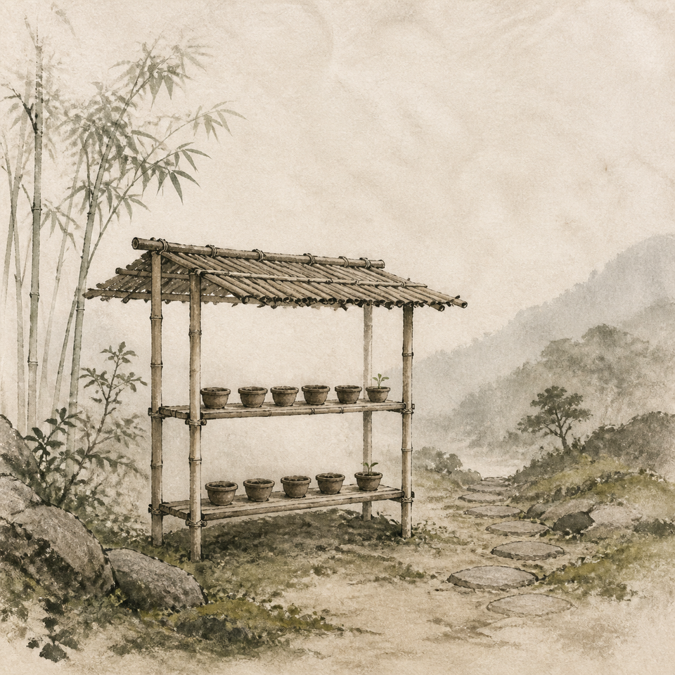A bamboo nursery rack holds empty clay pots beside a misty hillside path.