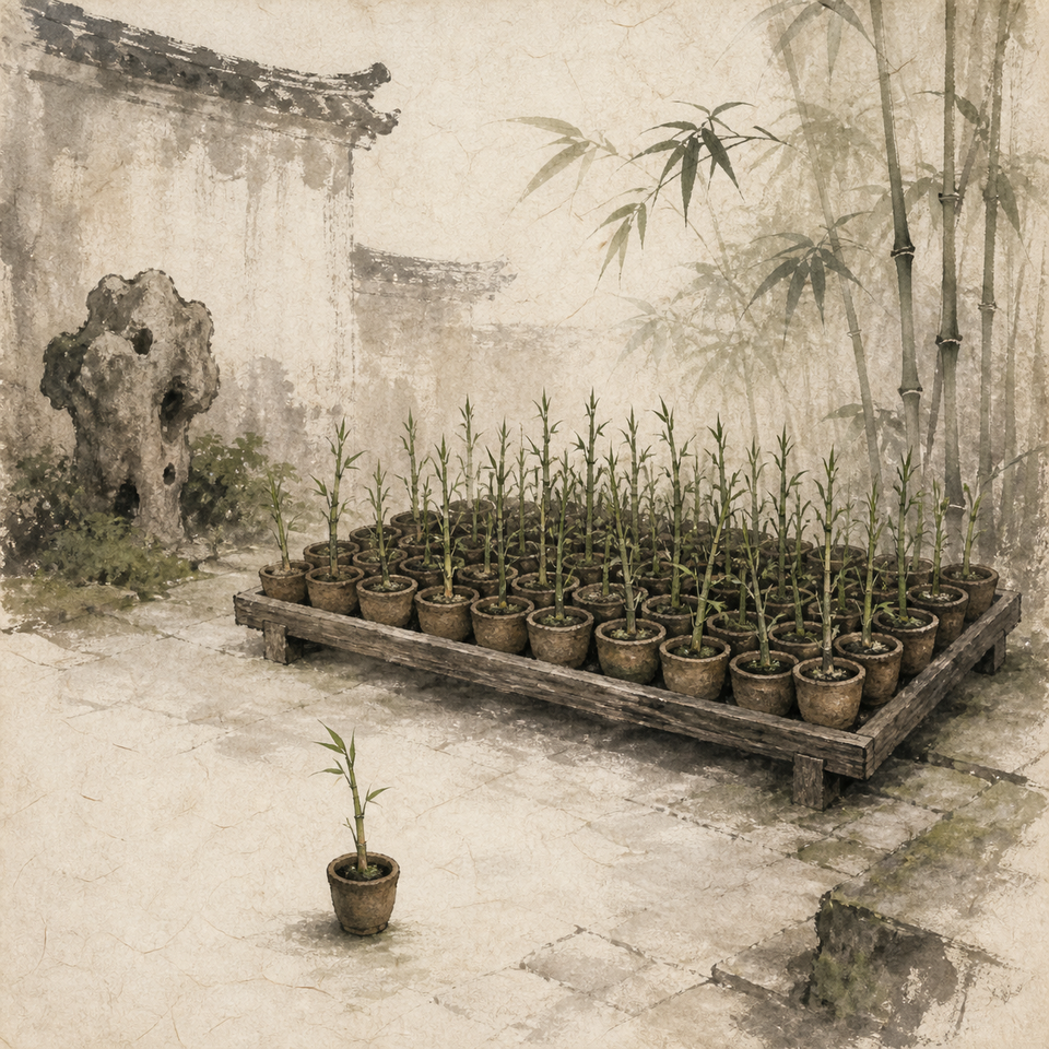 A crowded wooden nursery rack holds many potted bamboo shoots while one small potted shoot stands apart on the stone courtyard.