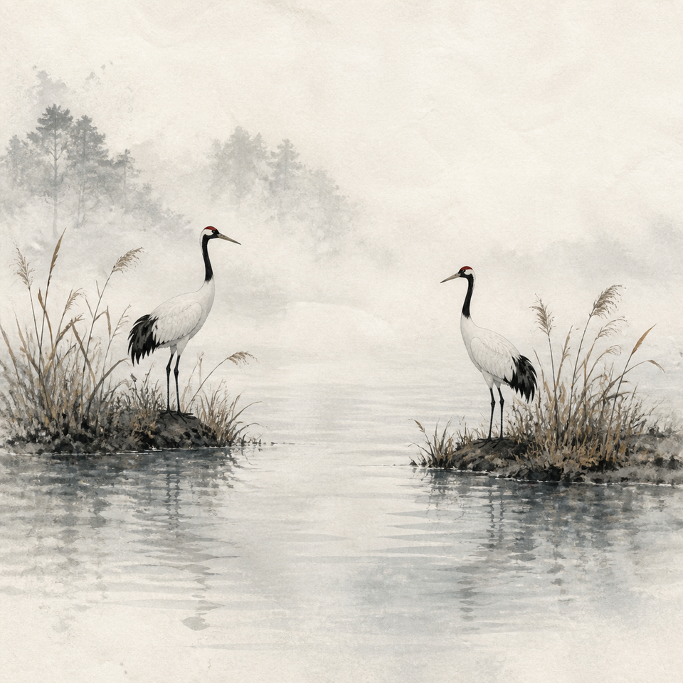 Two cranes stand on separate reed islands across a misty pond, divided by a narrow gap of water.