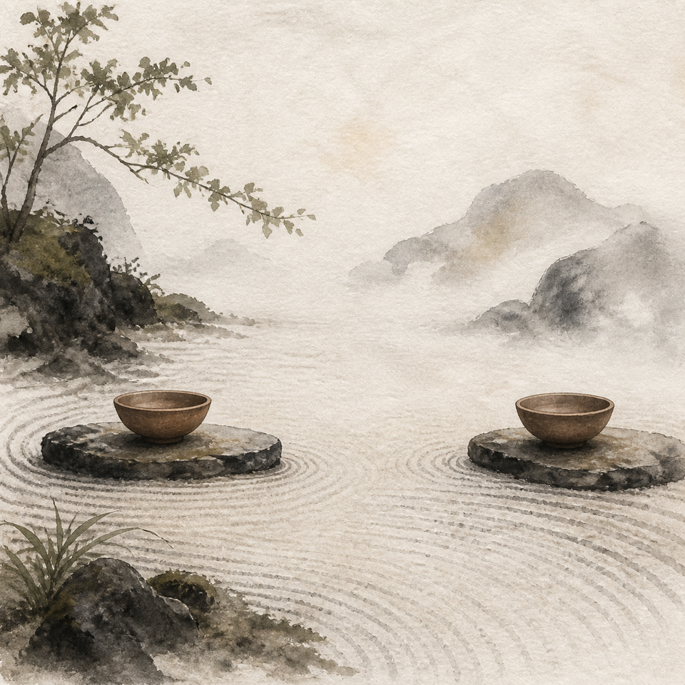 Two clay incense bowls rest on separate stones in a quiet raked gravel garden, divided by a wide empty strip.