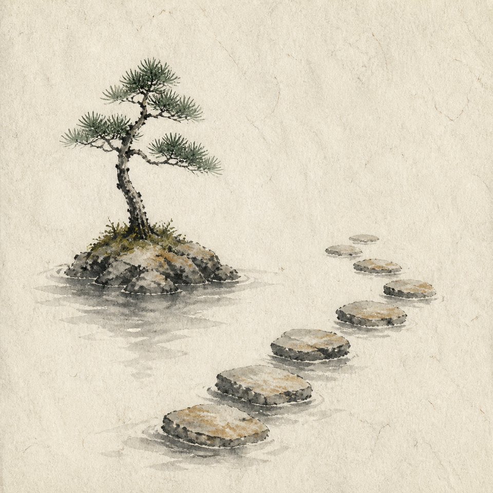 A lone pine grows on a small rocky island while pale stepping stones curve away across the water without reaching it.
