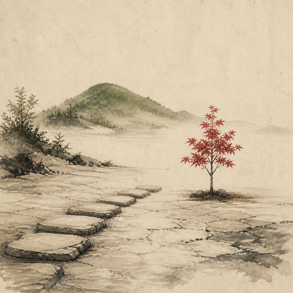 A small red maple sapling stands alone on a stone terrace while pale stepping stones stop before a distant green hill.