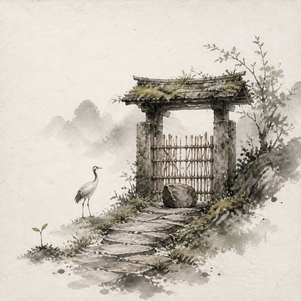 A heron stands beside a mossy stone path leading to a bamboo gate blocked by a large rock, with misty mountains behind.