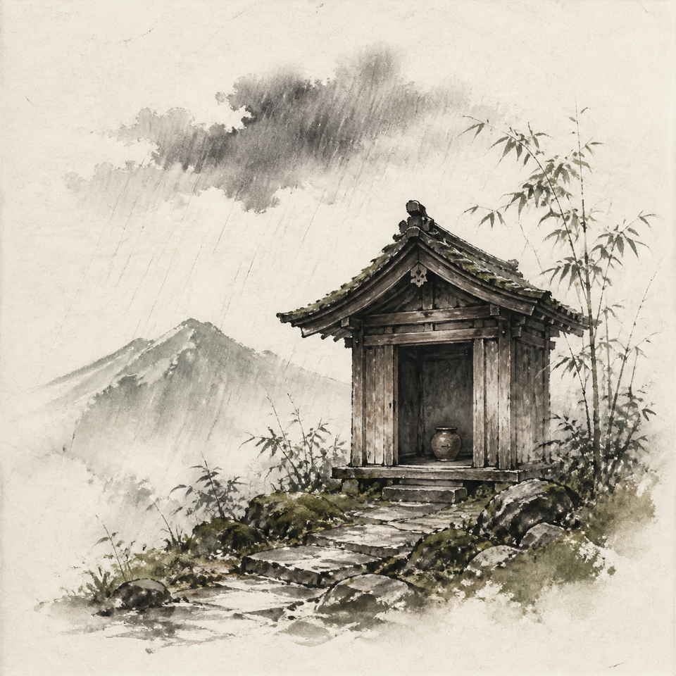 A small empty wooden hut beside a mossy stone path in fine rain.