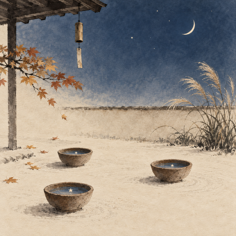 Three clay bowls reflect stars beneath a crescent moon, autumn leaves, and a hanging wind chime.