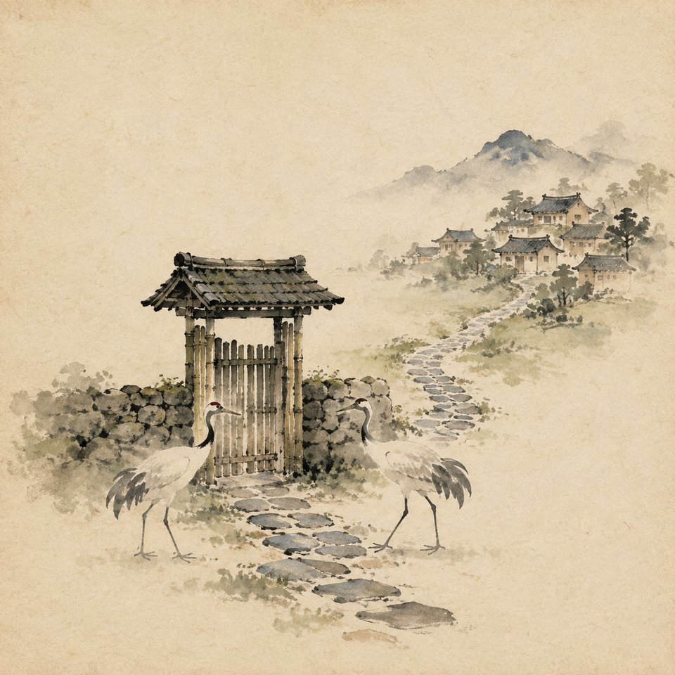 two white cranes face a closed bamboo gate on a stone path