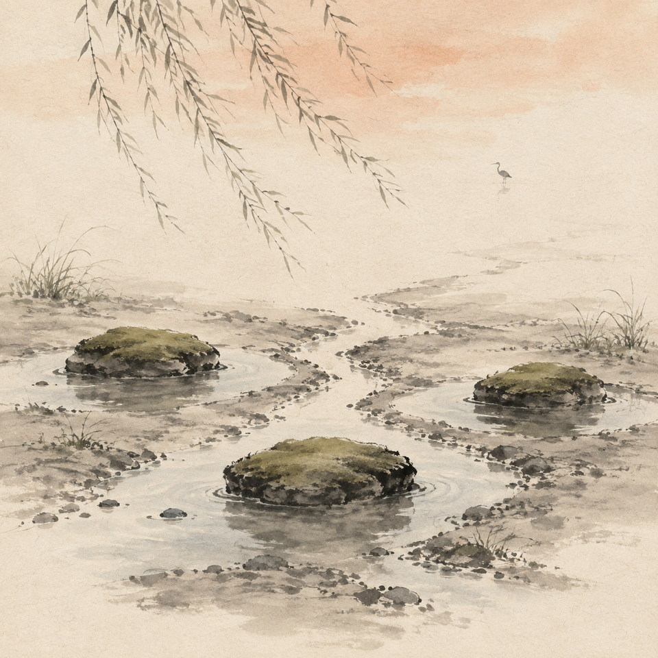 Willow branches hang above mossy stones divided by shallow streams, with a distant heron in pale morning light.