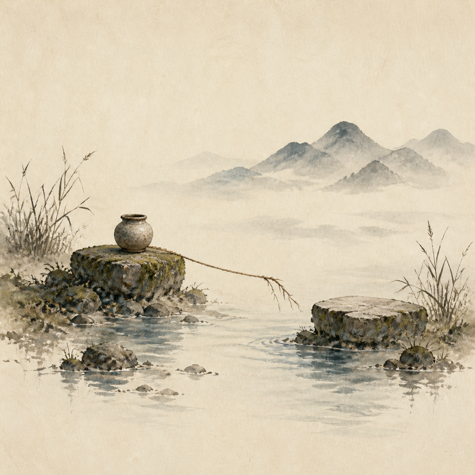 A ceramic vessel rests on a mossy stone beside a stream, tethered toward an empty stone across the water beneath misty mountains.