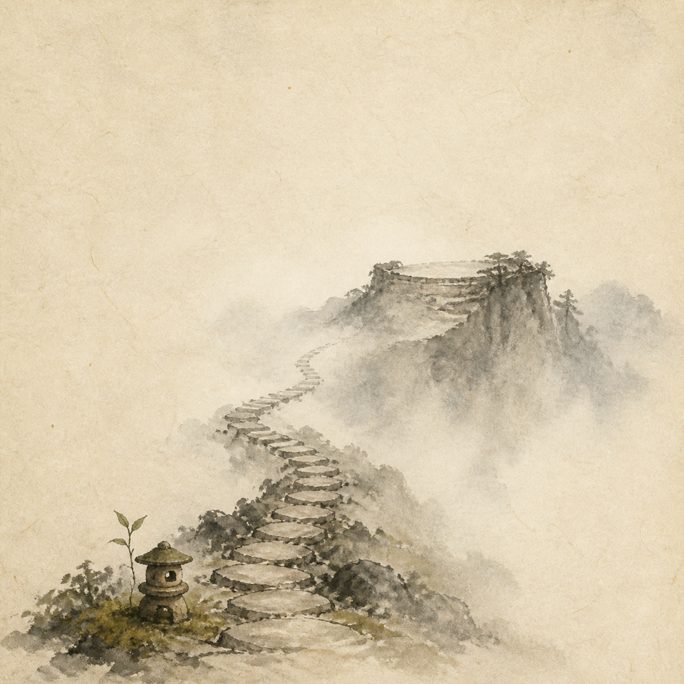 A mossy stone path fades into mist before an empty mountain terrace, beside a small stone lantern and seedling.
