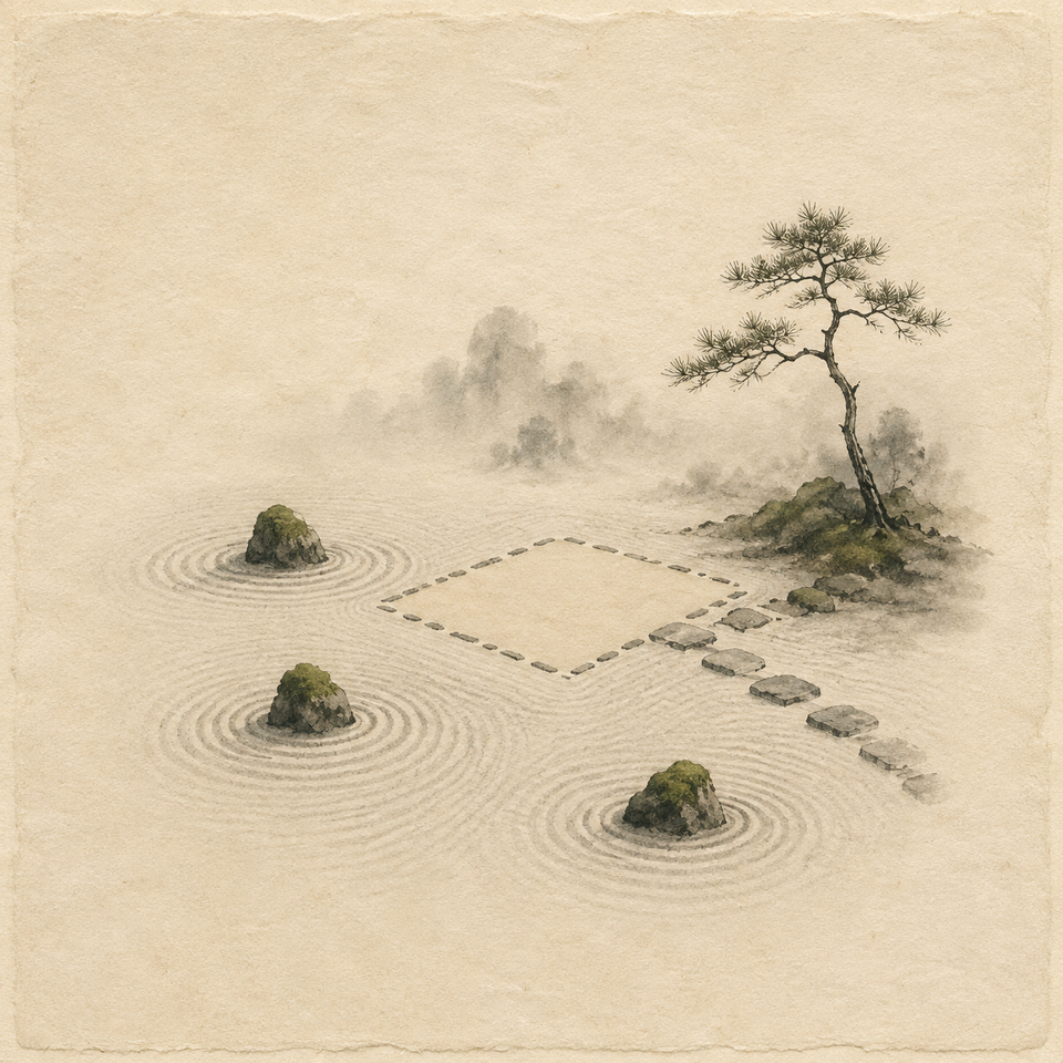 Three mossy stones sit apart in a raked gravel garden, surrounding an empty square beside a pine and stepping stones.