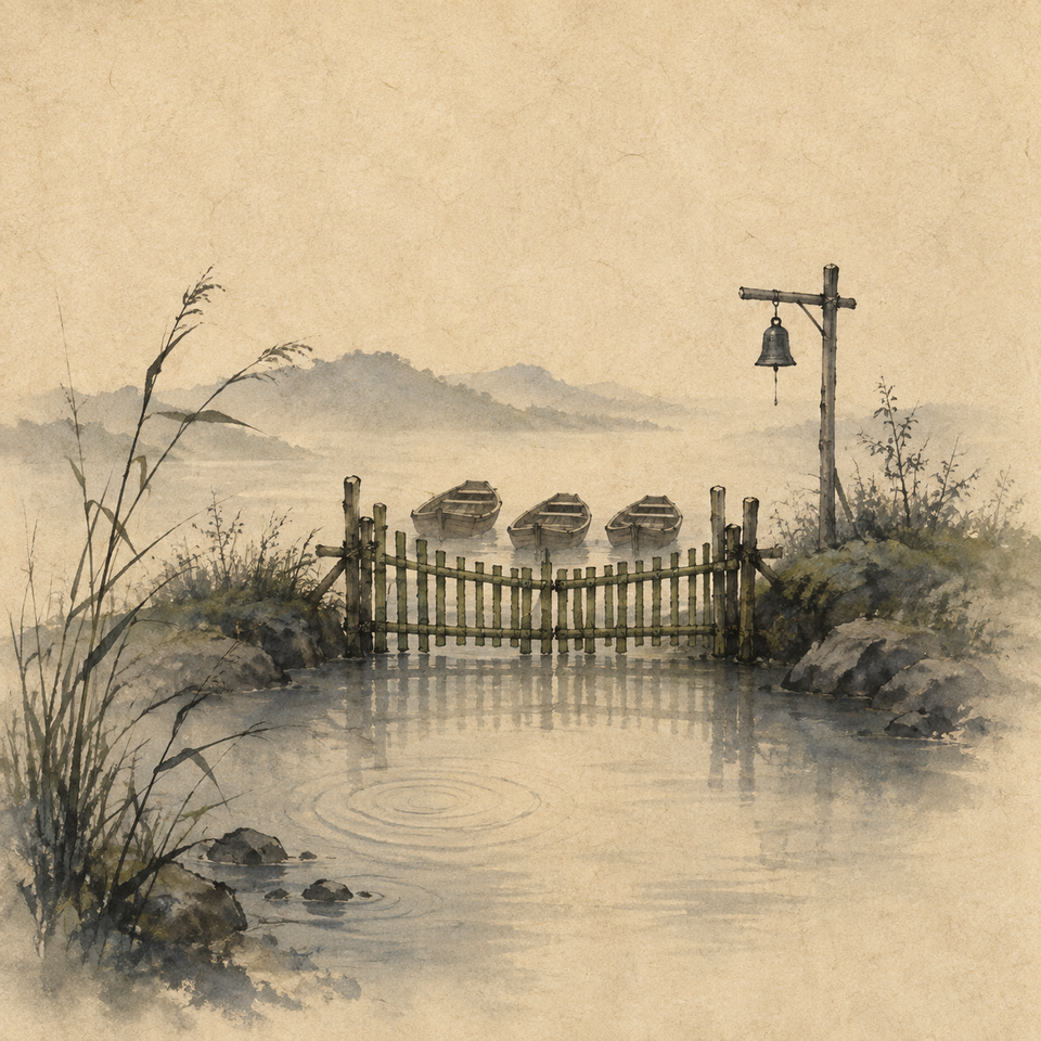 Three wooden boats rest behind a bamboo gate on a misty pond beneath a hanging bell and distant hills.