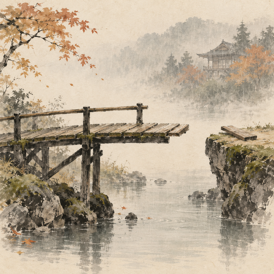 An unfinished wooden bridge stops above a misty stream, with a loose plank before a distant autumn pavilion.