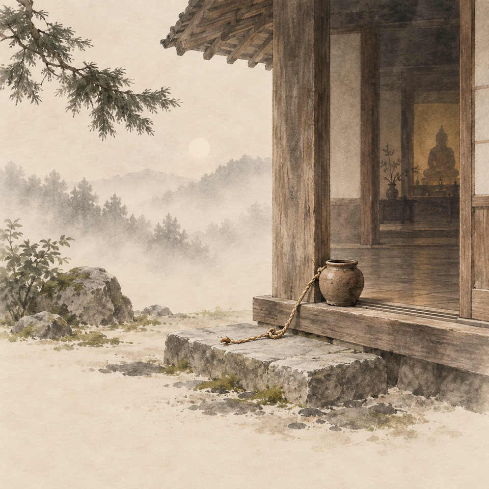 A clay vessel sits on a temple veranda with a broken rope trailing across the stone threshold.