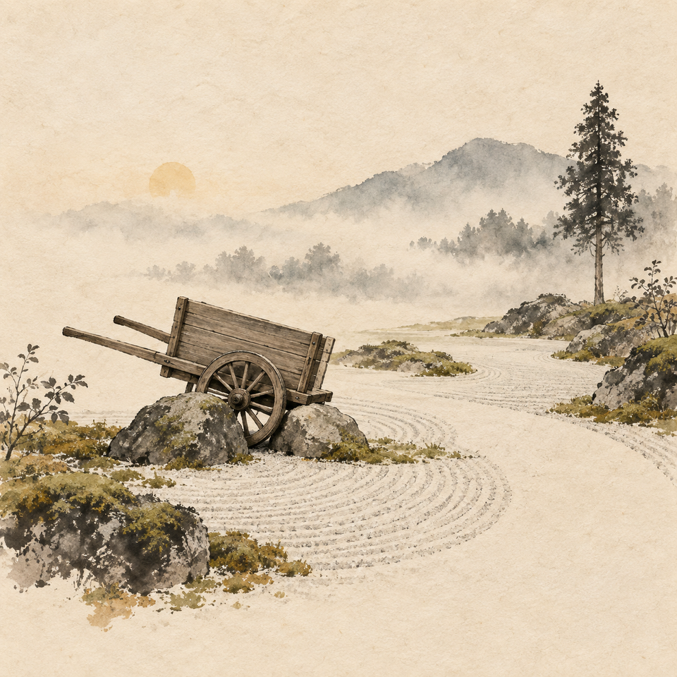 A small wooden cart rests with its wheel wedged between two stones in a raked garden, beneath a misty mountain and cedar.