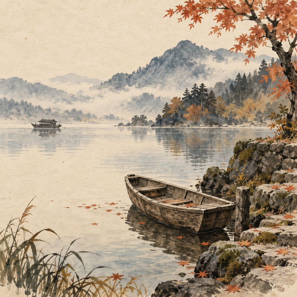 An empty wooden boat rests by a mossy stone shore beneath autumn leaves, with misty mountains beyond.