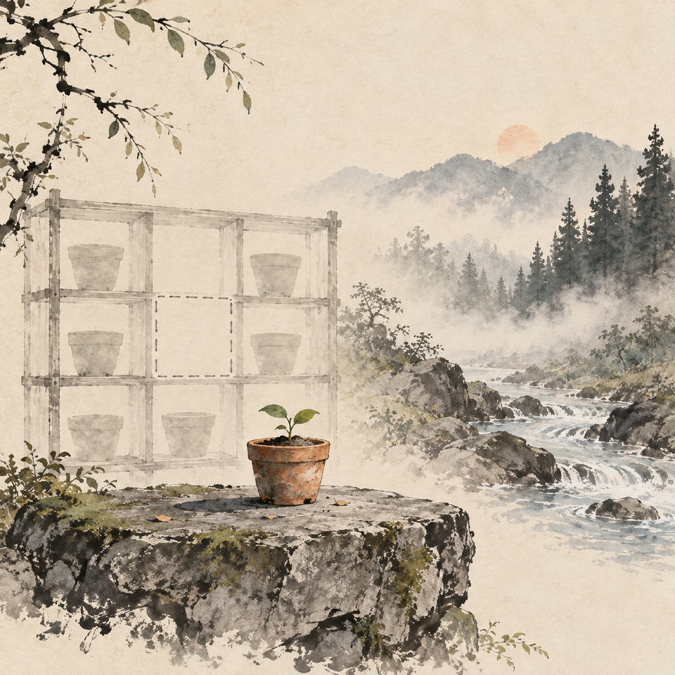 A small clay pot with a green seedling rests before an empty place on a wooden garden shelf beside a misty mountain stream.