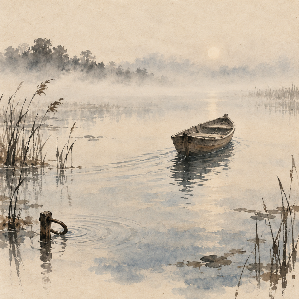 A small wooden boat drifts from an empty mooring ring on a misty reed-lined pond.