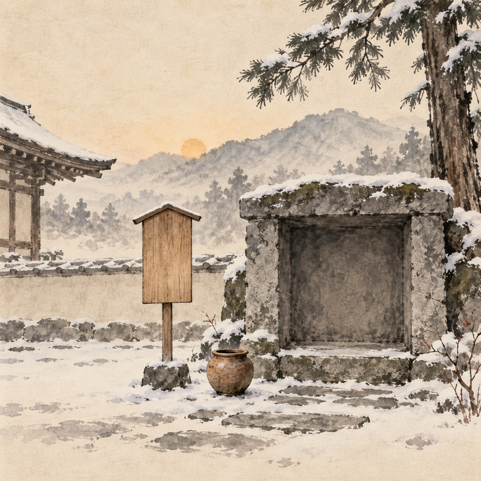A small clay vessel waits in snow before a vacant stone alcove beside a blank wooden sign in a temple courtyard.