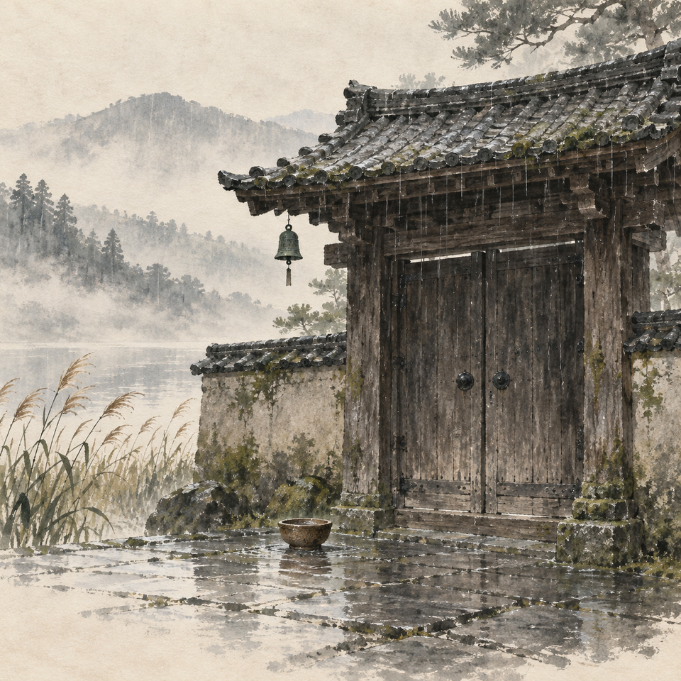 A closed weathered temple gate in fine rain, with a small clay bowl outside on wet stone and a bell beneath the eave.