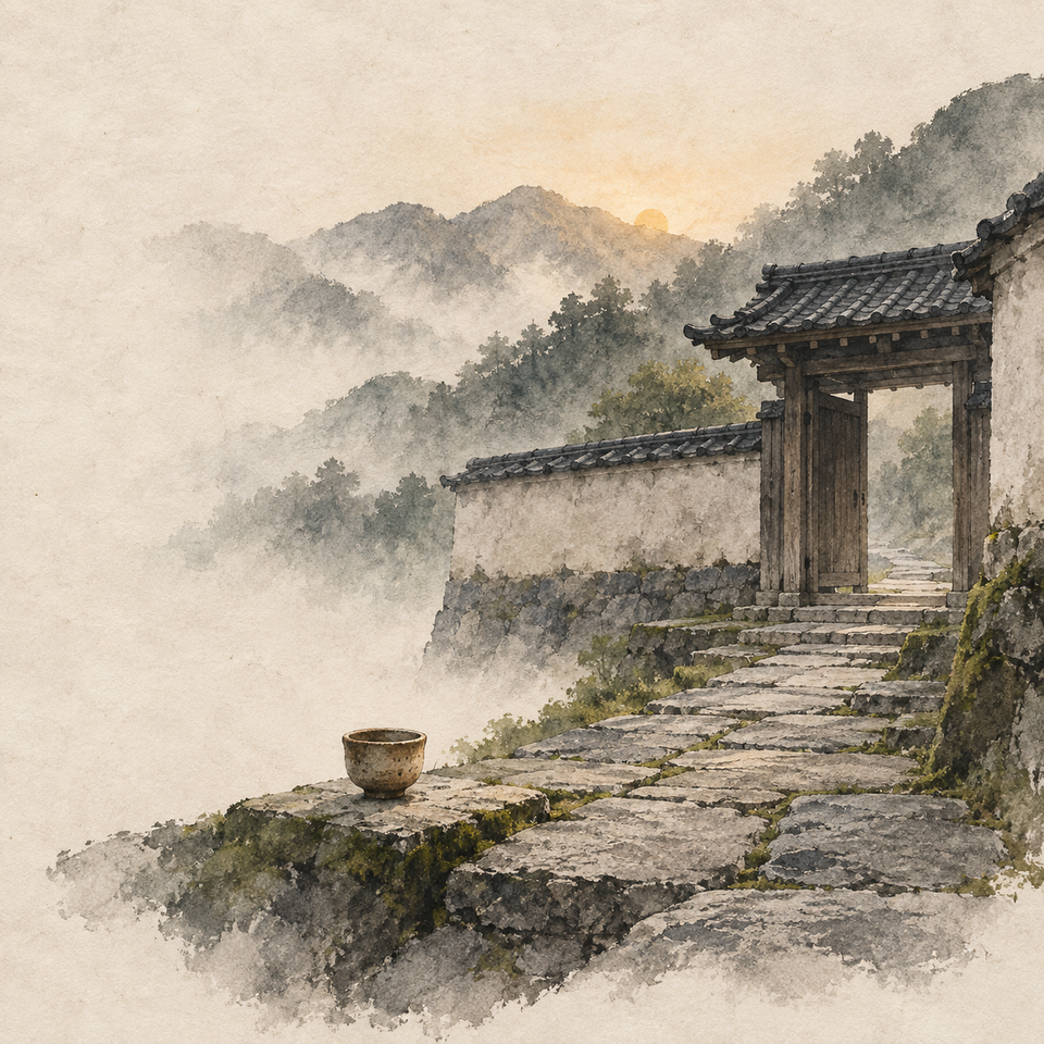 A small earthen cup waits beside a misty stone path before a wooden temple gate.