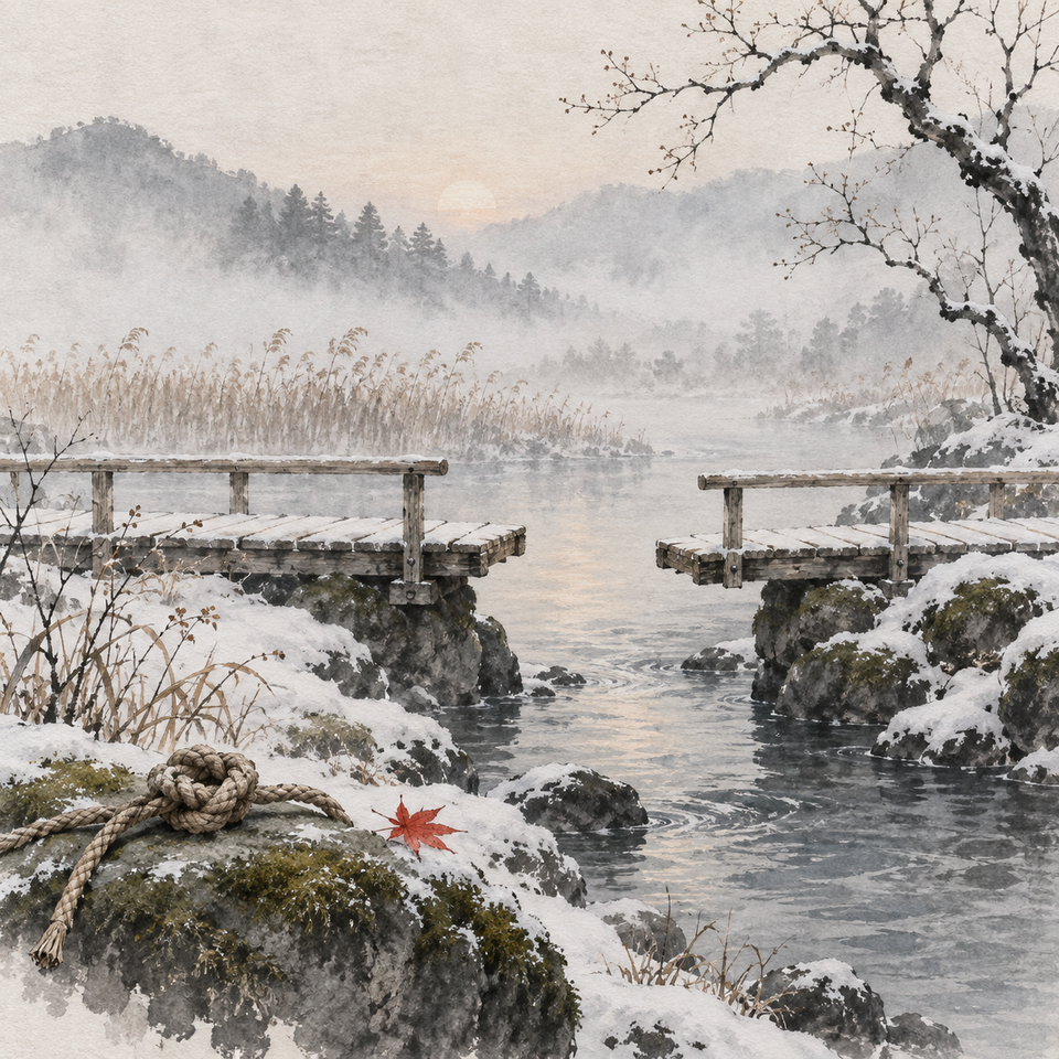 Two pale footbridges stop just short of joining over a narrow stream, with a loose hemp knot on a mossy stone in a misty winter garden.