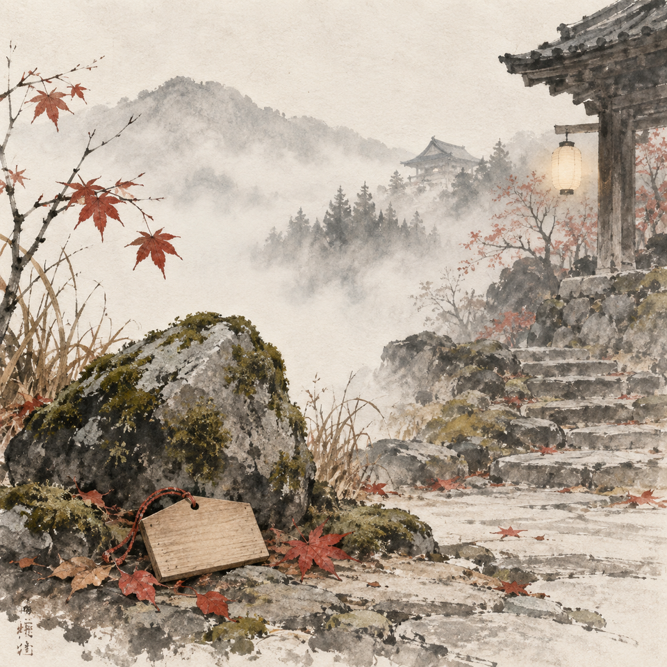 An empty wooden plaque rests beside a lone mossy stone on a misty mountain temple path, with a pale lantern beyond and sparse autumn leaves.