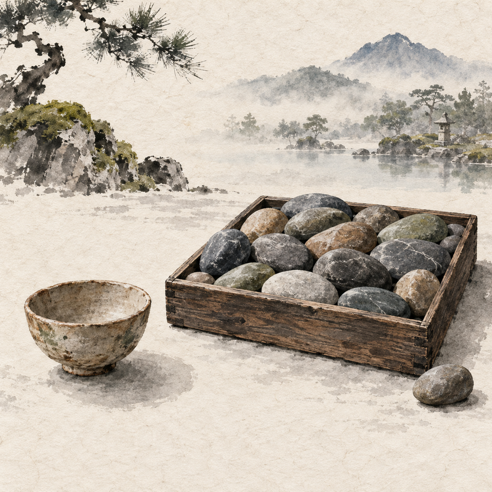 A small clay bowl waits beside a nearly full wooden tray of smooth river stones in a misty mountain garden, with one stone set aside.