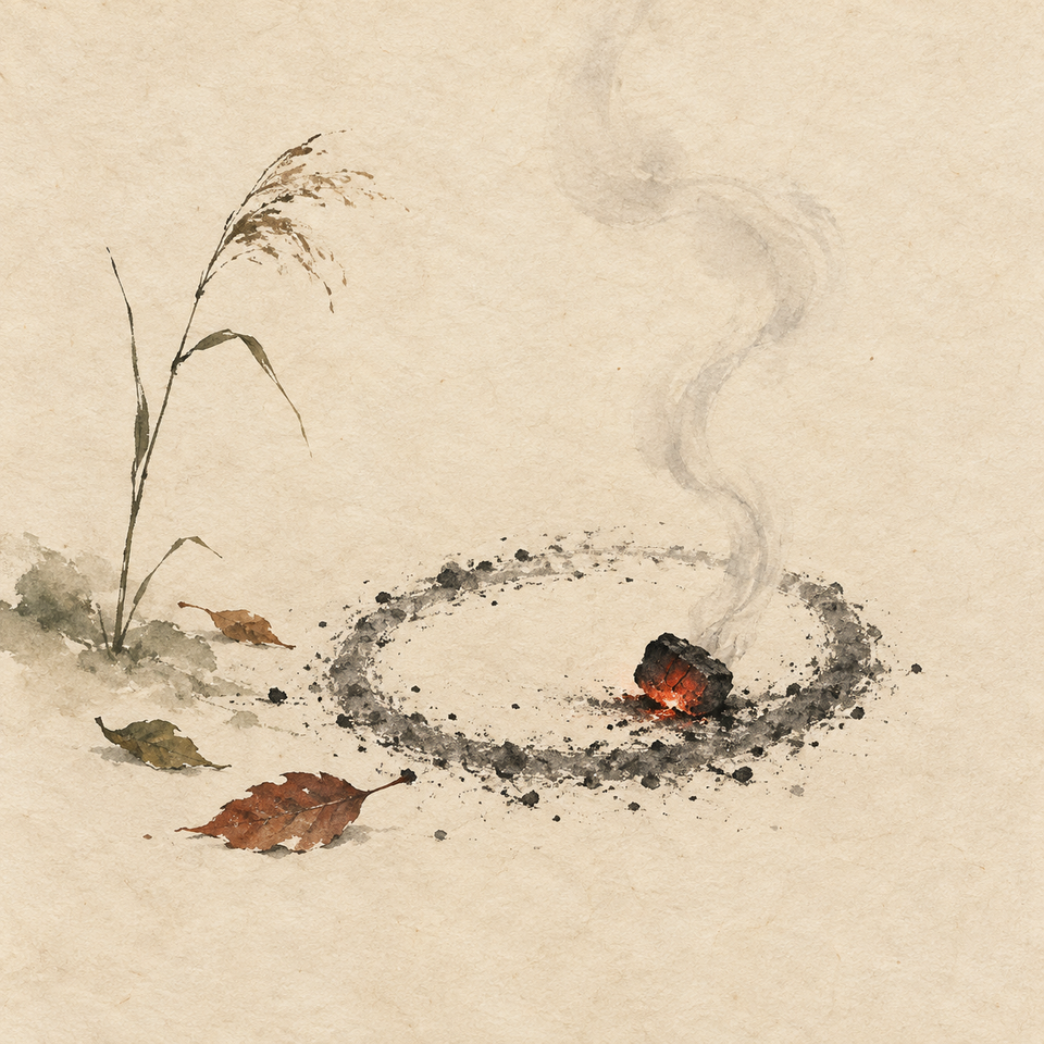 A glowing ember rests inside a ring of ash beside a sparse reed and fallen leaves.