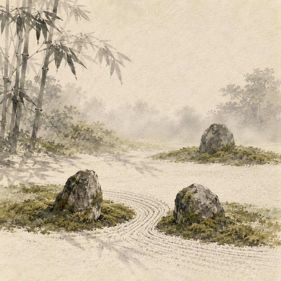 Three mossy stones sit apart along curved raked gravel in a quiet bamboo garden.