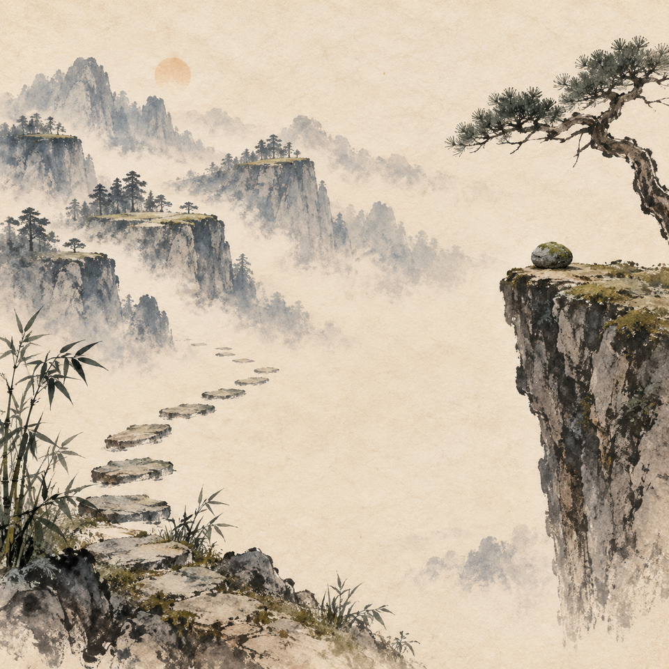 A mossy stone rests on a cliff ledge above stepping stones that stop in misty mountain air.