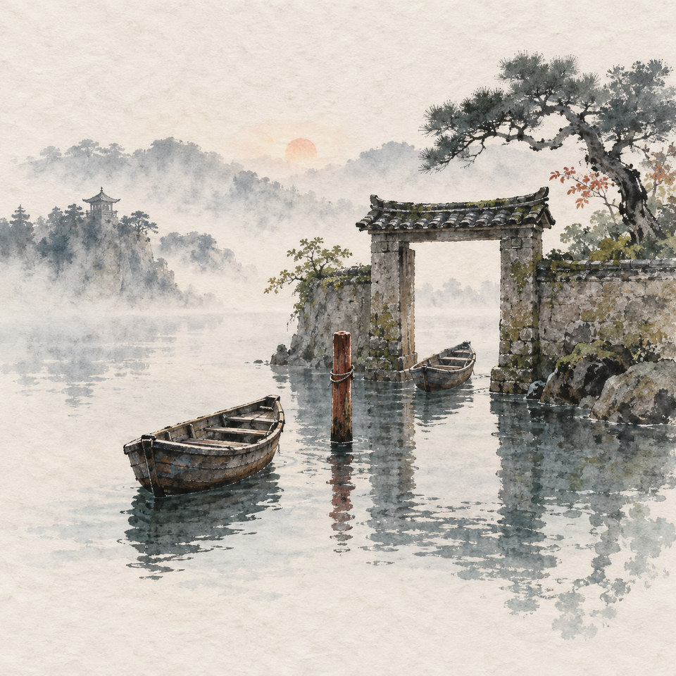 Two small boats wait at the same narrow stone harbor gate in a misty pond garden.