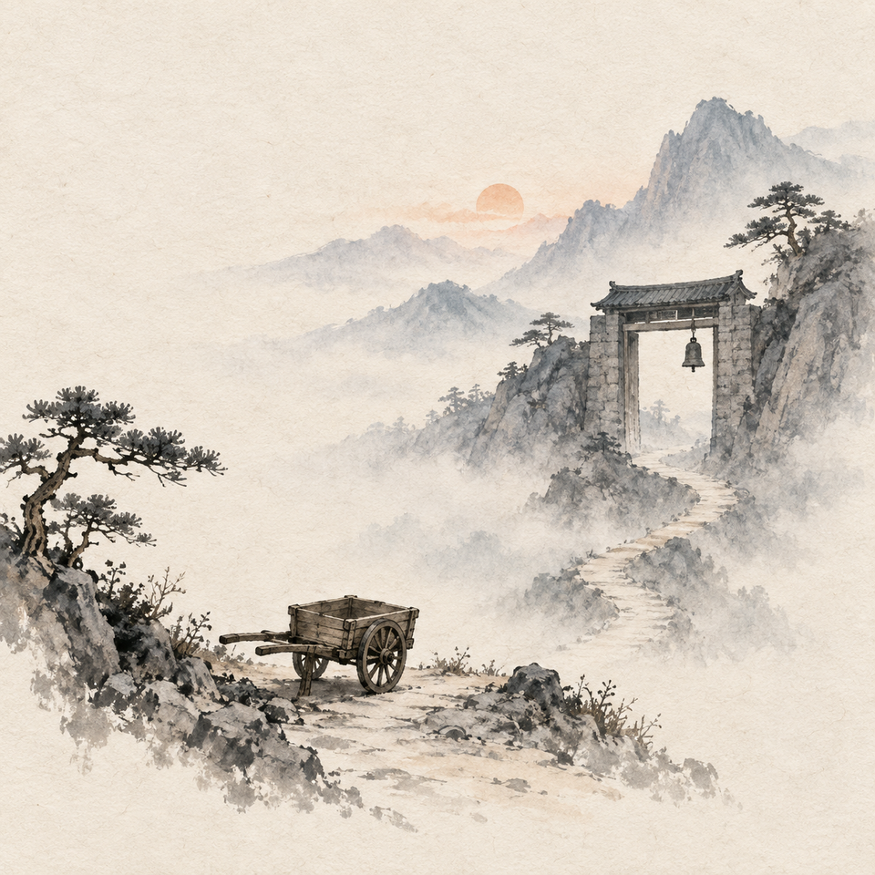 An empty wooden handcart rests on a misty mountain path below a stone gate and hanging bell.
