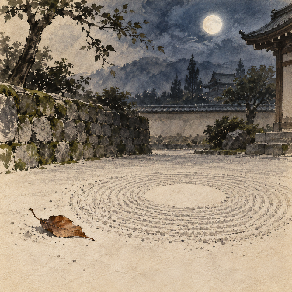 A moonlit Zen temple courtyard with a fallen leaf beside a raked gravel circle and an empty place in a low stone wall.