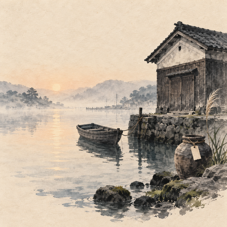 A quiet dawn harbor beside a temple storehouse, with a blank label on a clay jar, a small empty boat, and mist over still water.