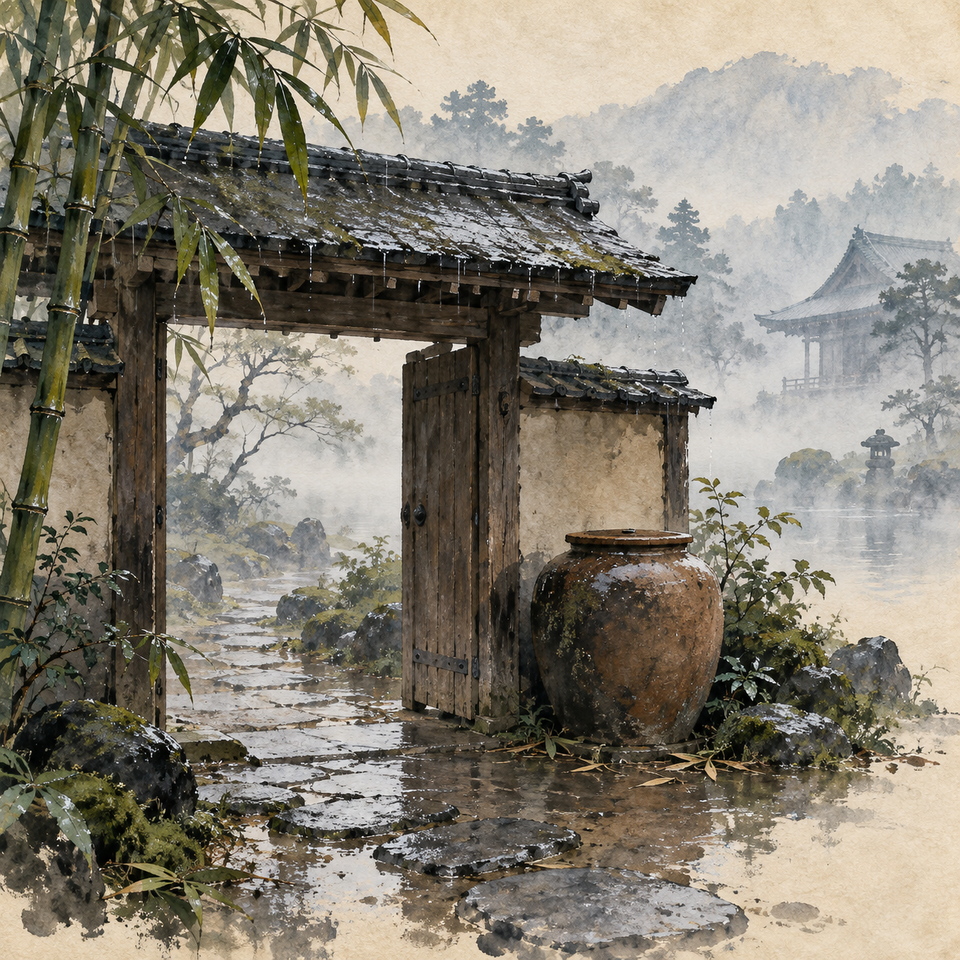 A rain-wet earthen jar stands beside an open wooden gate on a mossy temple path, with bamboo and misted roofs beyond.