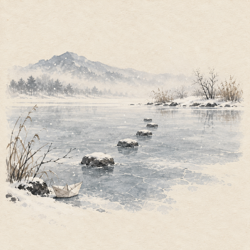 A paper boat waits beside snow-covered stepping stones on a frozen pond.