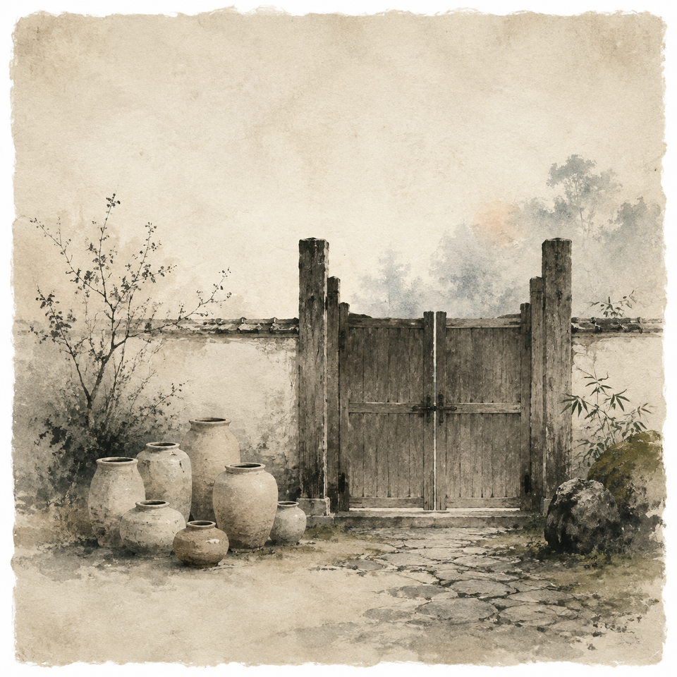 Weathered wooden gate closed beside a cluster of pale clay vessels on a stone courtyard.