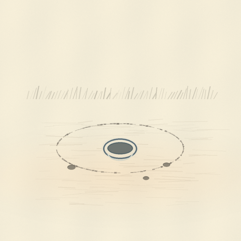 A low blue brazier rests within a broken earthen ring, with three small stones on pale ground.