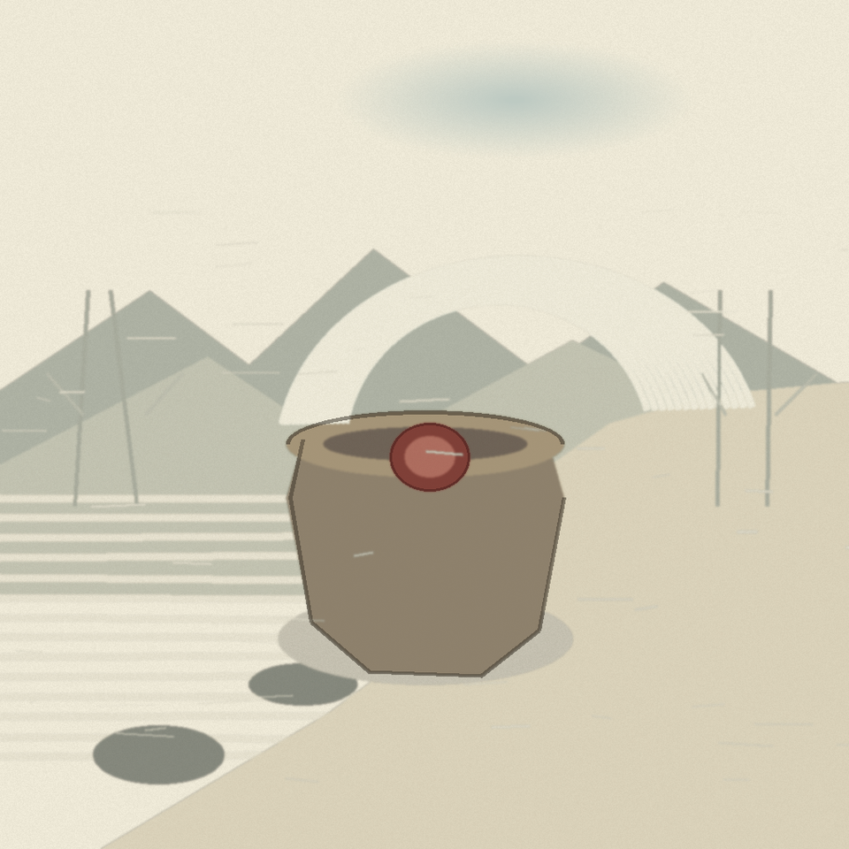 A sealed clay vessel rests on a quiet mountain path beneath a pale offset veil.
