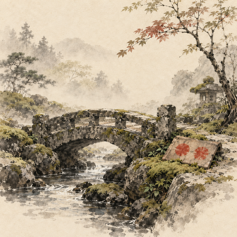 A mossy stone bridge crosses a misty stream beside a clay tile with two red seals.