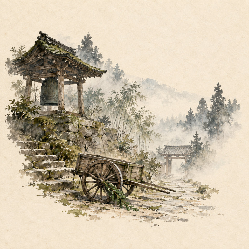 A moss-covered temple bell tower overlooks a still wooden handcart on a misty stone path, with bamboo and a distant gate fading into fog.