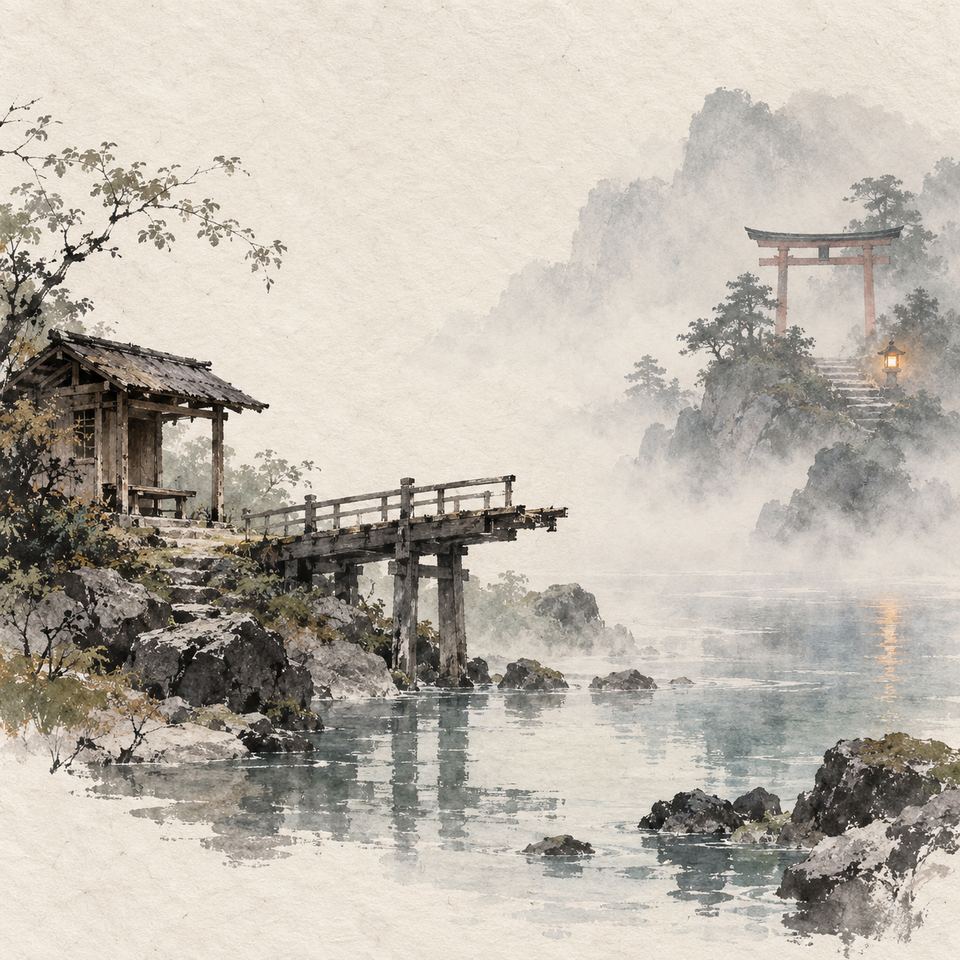 A small wooden waystation faces a bridge that ends before a mist-veiled shrine gate, with a single lantern glowing across the stream.
