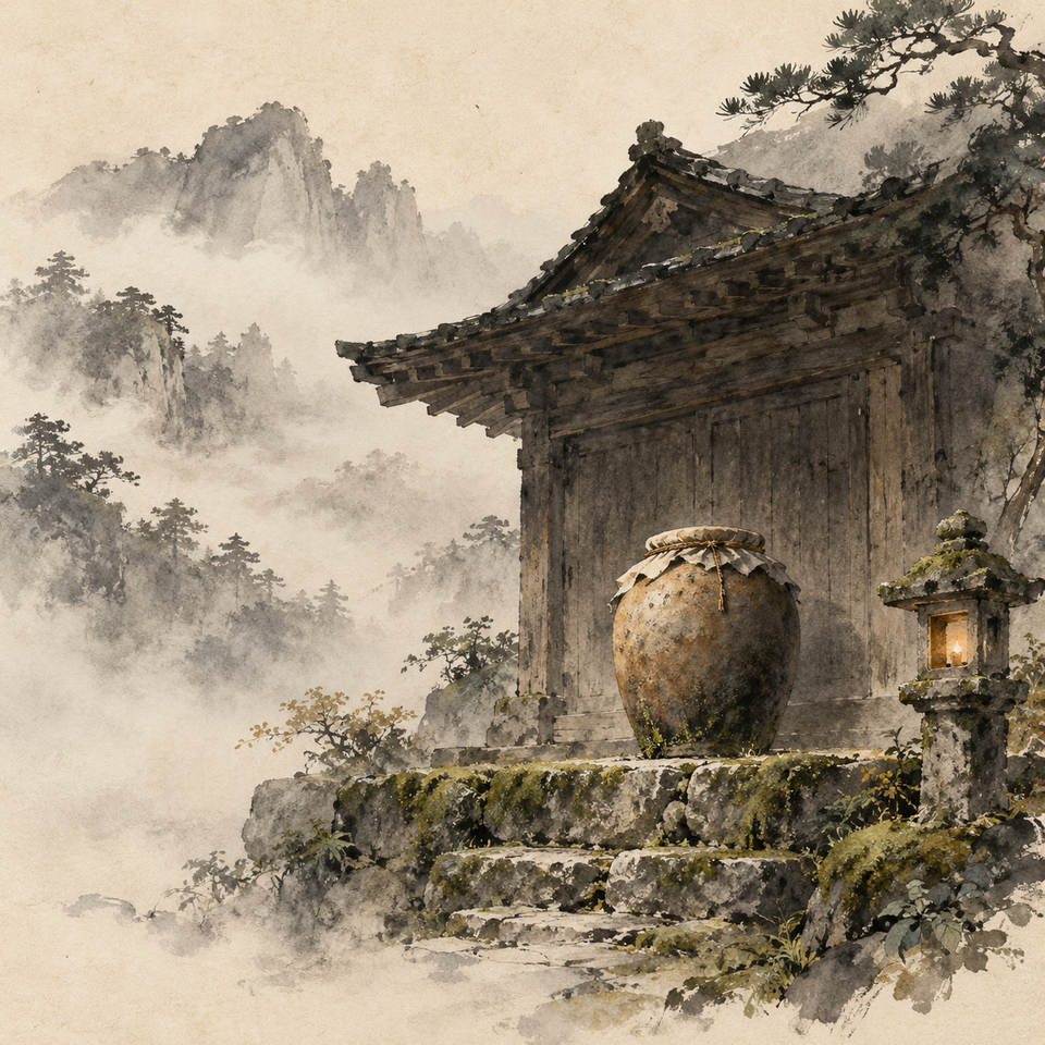 A sealed clay jar sits on a mossy stone before a mist-veiled temple storehouse, while a small lantern fails to reveal its shape.