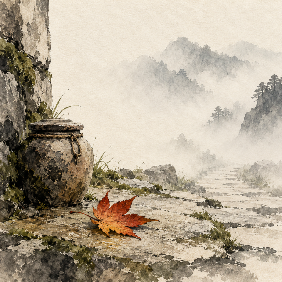 A single fallen maple leaf rests beside a sealed clay jar on a misty mountain path.