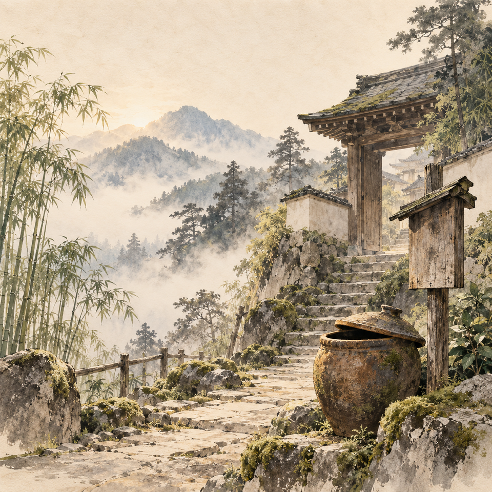 A mossy stone path climbs toward a wooden temple gate beside a lidded clay jar.
