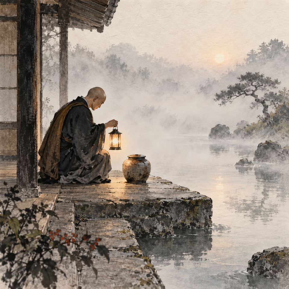 A monk holds a lantern beside a clay jar on a misty lakeside veranda.
