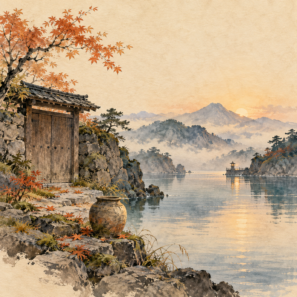 Closed wooden gate and empty clay jar beside a misty mountain inlet.