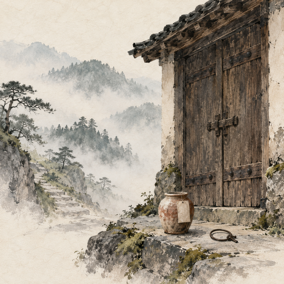 A sealed clay jar and an empty key ring rest before a closed wooden storehouse gate on a misty mountain path.