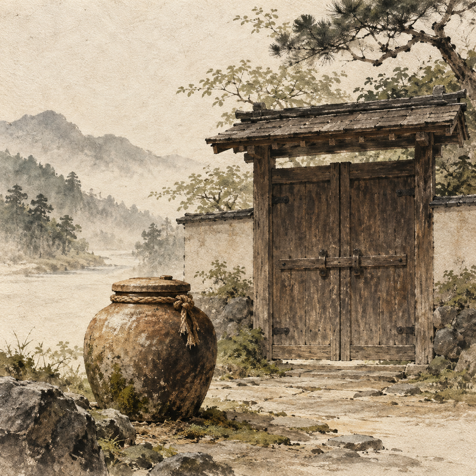 A sealed clay jar rests beside a closed wooden gate on a quiet mountain path.